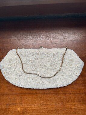 Vintage Mr. John Handmade Beaded Clutch Ivory Floral Evening Bag Kiss Lock